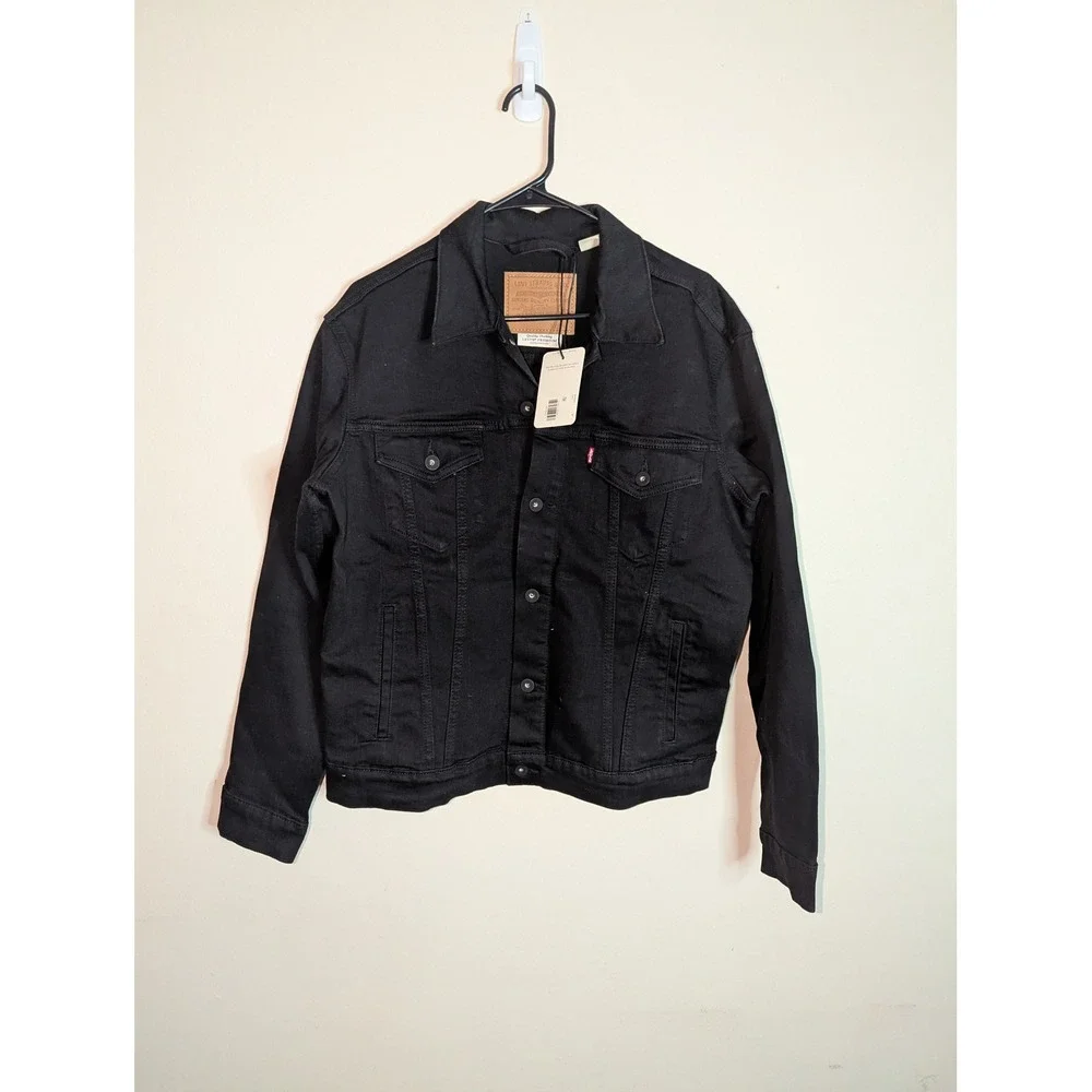 Levis Premium Trucker Jacket Mens Medium Black Denim Stretch Coat 723340403 NEW - Picture 5 of 12